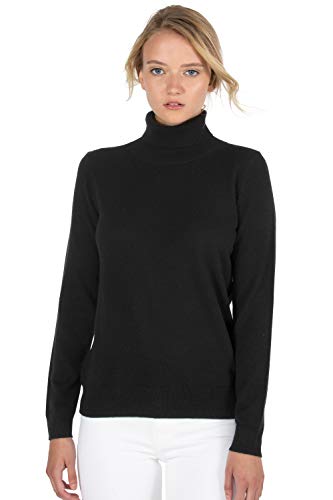 JENNIE LIU Women's 100% Pure Cashmere Long Sleeve Pullover Turtleneck Sweater(PM, Black)