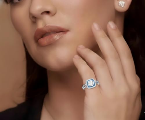Image of 55Carat Choose Your Gemstone Double Band Square Halo Diamond CZ Ring 925 Sterling Silver Round Shape Halo Engagement Rings Everyday Jewelry Wedding Jewelry Handmade Gifts for Wife US Size 4 to 12