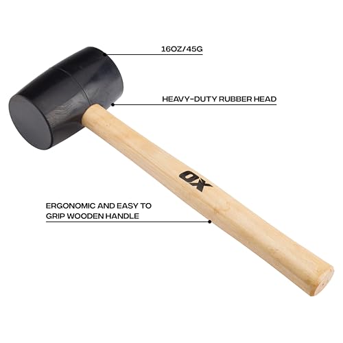 OX Trade Black Rubber Mallet 16oz / 450g, Non-Marking Hammer, Wooden Handle - Image 2