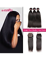 West Kiss Brazilian Virgin Straight Human Hair Weave Pack of 3 with 1 piece Free Part Lace Closure Brazilian Remy Wavy Wholesale Hair Products (14 16 16 & 12 inch)