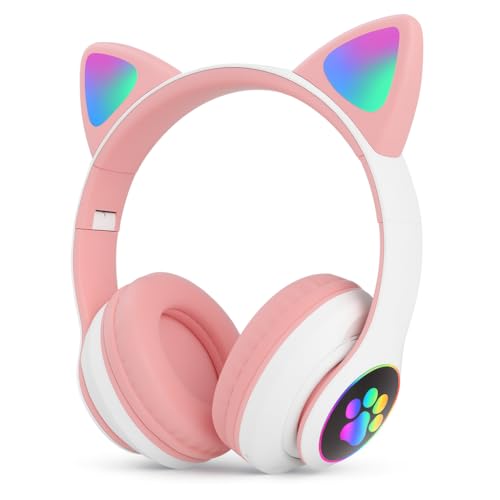 Fone de Ouvido Gatinho Sem Fio Bluetooth Infantil com LED para Meninas e Meninos Rosa