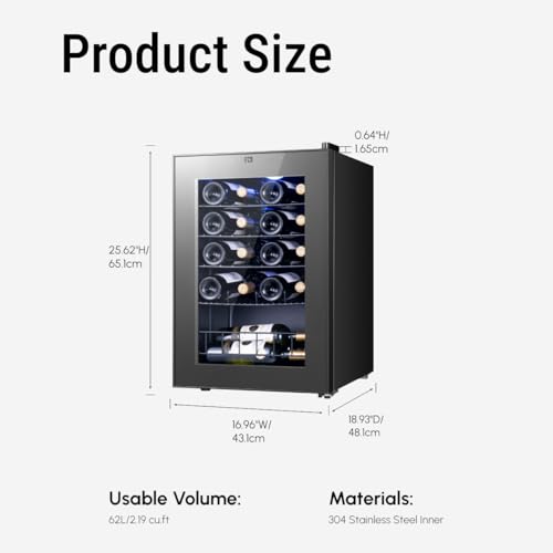 Image of Yeego 20 Bottle Wine Fridge, 38-65F Wine Cooler Refrigerator | Under Counter, Freestanding Wine Cooler with Glass Door, Touch Temperature Control and LED |For Red, White Wine, Champagne