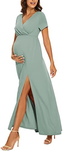 Liu & Qu Maternity Dress Short Sleeve Ruched Waist Casual Wrap Maxi Split Pregnancy Dress for Photoshoot Baby Shower Liu & Qu Maternity Dress Short Sleeve Ruched Waist Casual Wrap Maxi Split Pregnancy Dress for Photoshoot Baby Shower