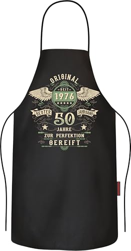 LOBO NEGRO Delantal para barbacoa, delantal de cocina como regalo para el 50º cumpleaños: estilo retro vintage con leyenda viviente desde 1975, de algodón puro, Perfección, L