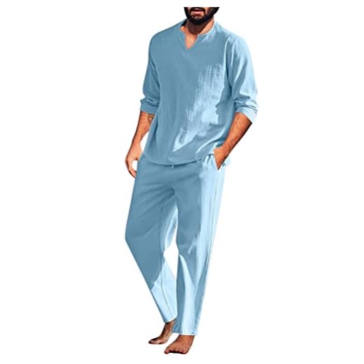 ORANDESIGNE Survêtement Homme Ensemble Été Automne 2 Pièces Hommes Pyjama en Lin Manches Longues Chemise et Pantalons Longue pour Sports Jogging Décontractée Tenue Pas Cher A Bleu Clair XL