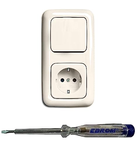 Busch Jäger Lichtschalter Wechselschalter AN/AUS 2000/6 US und Steckdose 20EUC-212 im 2-fach Rahmen in DURO2000 cremeweiß glänzend inklusive EBROM Phasenprüfer zur Montage der Geräte