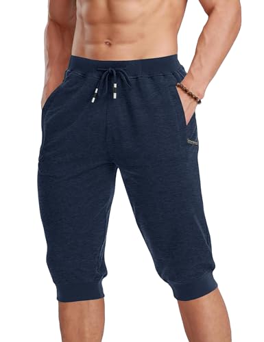 MAGCOMSEN Herren Leicht Bermuda Short Baumwolle Sommer Fitnesshose Yoga Capri Hosen Männer 3/4 Fitness Training Hose Stretch Slim Fit Outdoorhose mit Stretchbund Dunkelblau 38