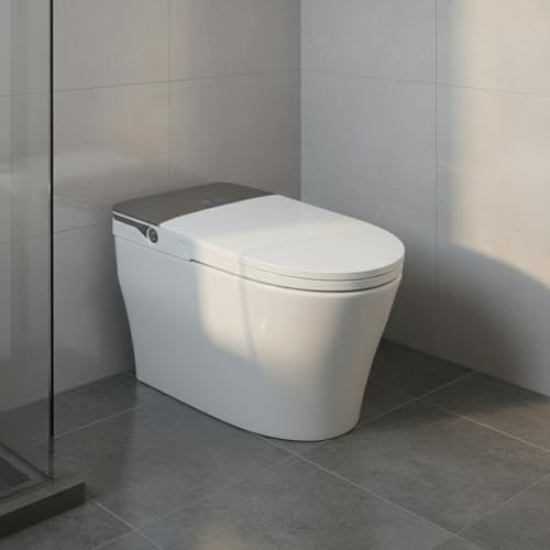 Inodoro inteligente ADA con tanque y bomba, apertura/cierre automático, asiento calefactable, lavado con agua tibia instantánea, secado con aire, sensor de pie y control remoto, luz LED blanca miniatura 1