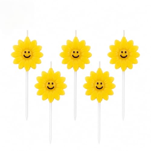 Image of Smiley Flower Birthday Candles for Cake Decoration, Pack of 5, flower Shape Decorative Cake Candles, Natural Wax Party Candles for Birthday, Anniversary, Baby Shower & Celebration (YELLOW)