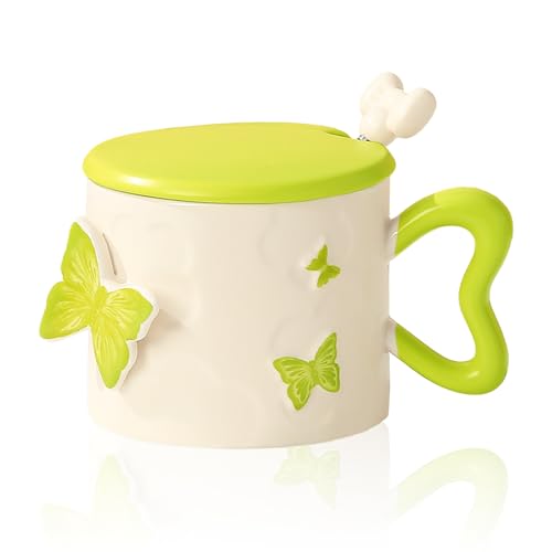 Keramikbecher, Schmetterling Kaffeebecher, 301-400ml Süße Kaffeetasse mit Deckel mit Löffel, Griff, 3D Schmetterling Tassen für Kaffee, Heißer Tee, Ideal für Zuhause, Büro, Café, Restaurant, Hot, Grün