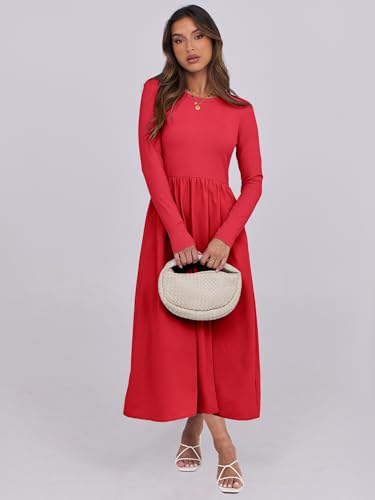Image of ANRABESS Long Sleeve Midi Dresses for Women 2025 Fall Fashion Casual Rib Knit Patchwork Tight Top Modest Flowy Dress Pocket