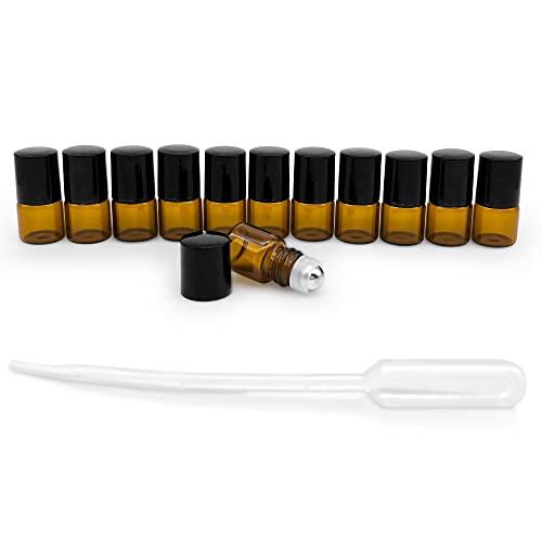 N NALUNOX Envase roll on rellenable -Bote aceites esenciales- Botellas roll on de vidrio color ámbar- Botellitas de cristal -12 Unidades -Roll on 1ml-Con cuentagotas de plástico Cover