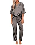 Ekouaer Satin Pajama Set Womens Silk Short Sleeve V Neck Shirt with Long Pant Soft Loungewear Pjs Set