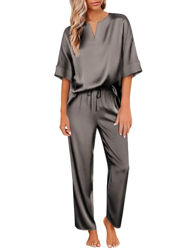 Image of Ekouaer Mens Satin Pajamas Set Button-Down Short /Long Sleeve Shirt Top Soft Silk Sleepwear Loose Pocket Pant Loungewear