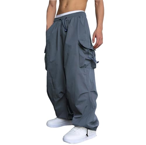 WZIKAI Pantalon Cargo Baggy décontracté pour Homme - Pantalon Cargo de Parachute - Coupe Ample - Hip Hop - Sarouel avec Poches, Gris, Large