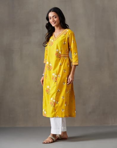 Kurta ethnique imprimé jaune Fabindia, la coupe longue fluide confortable