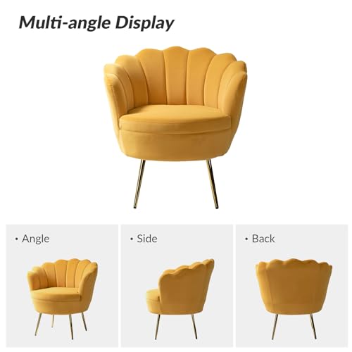 Image of HULALA HOME Velvet Accent Chair with Shell Shaped Back, Modern Cute Living Room Bedroom Armchair Sofa Chair with Gold Legs, Comfy Upholstered Vanity Chair for Makeup Room, Mustard