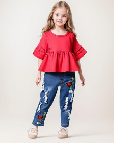 NZRVAWS Baby Girl Clothes Toddler Girl Outfits Infant Ruffle Shirt Denim Ripped Jeans Cute Clothing Set3