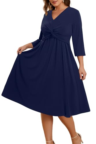 Plus Size Dress for Women Twist Knot V Neck 3/4 Sleeves A Line Wedding Guest Midi Dresses