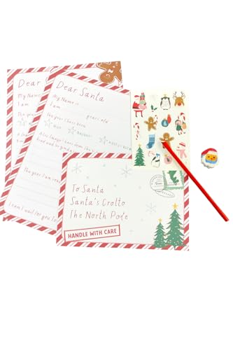 Kit de carta a Papá Noel, juego de escritura de carta a Papá Noel, dos hojas de papel A4, borrador de lápiz, una hoja de calcomanías, divertida actividad festiva, decoración de vacaciones, lista de