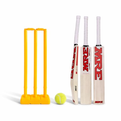 Image of AEM Cricket Set with Wooden Bat, Plastic Stumps and Tennis Ball for Kids | Cricket Kit for Kids Cricket Bat with Wicket (Size 2, Age 5-8 Year)