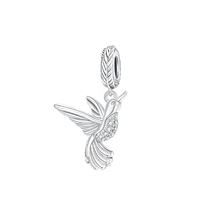 3D Kolibri Dangle, Vogel + Feder, Zirkonia-Kristalle, 925 Silber | Schmuck-Beads-Charms