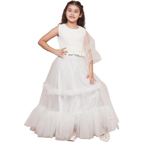 AJ DEZINES Kids Ethnic Wear Chiffli Chikankari Printed White Lehenga Ghagra Choli Set For Girls (G-LH08-WHITE-28)