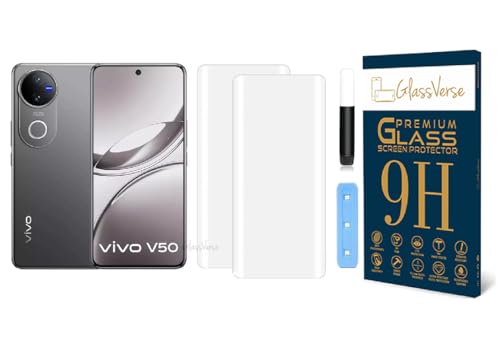 Image of GlassVerse Vivo V50 UV Tempered Glass Screen Protector. Pack Of 2 | 3D Curved Edge | 9H Hardness | Full UV Glue with UV Light | Anti-Scratch | Case Friendly | HD Clear. (6.77 Inches)