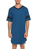 Ekouaer Men's Nightshirt Comfy Nightwear Big&Tall V Neck Short Sleeve Soft Loose Pajama Sleep Shirt Blue Large