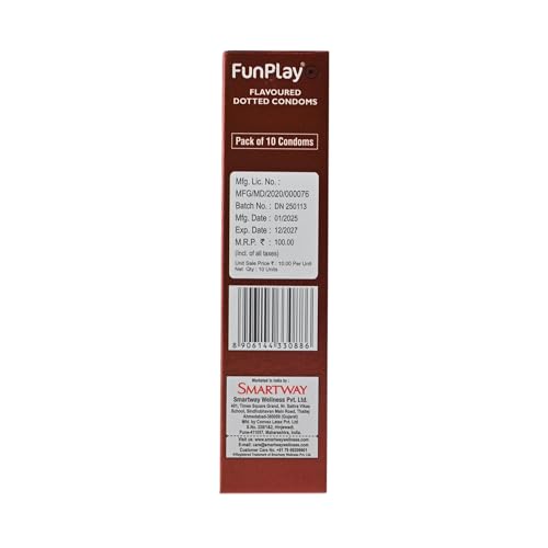 Image of FunPlay Chocolate Flavoured Dotted Condoms - 10 Pcs | Extra Dotted for Maximum Stimulation | Smooth Lubricated Premium Latex Condoms for Men | Long-Lasting Protection & Comfort