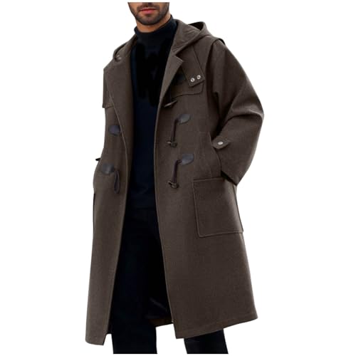 Outfits for Man Fall Winter Long Sleeve Fleece Lined Woolen Hooded Jackets Horn Button Windbreaker Outerwear