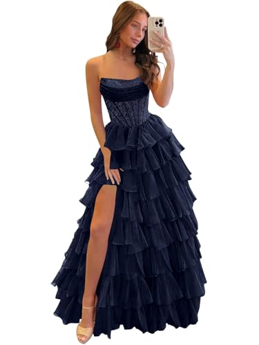 Eightale Women's Sequin Prom Dresses Navy Blue Corset Tiered Sparkly Long Layered Strapless A-Line Backless Petite Slit Chiffon Formal Evening Gown 2026 Size 4