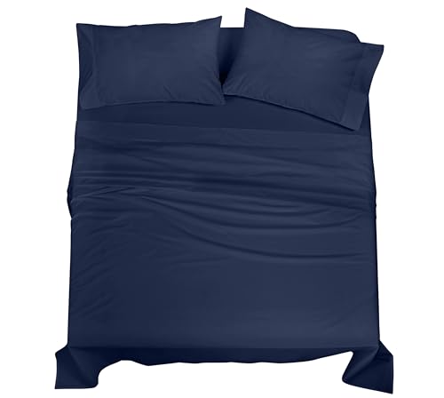 Image of ROYALE LINENS 100% Organic Cotton King Sheet Set - Percale Weave - 4 Pieces Set - 1 Flat, 1 Deep Pocket Fitted Sheet and 2 Pillowcases - Navy Bed Sheets - Sabanas King - Crisp Cool (Navy)