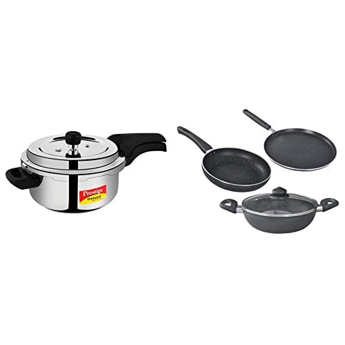 Image of Prestige Svachh Deluxe Alpha 3.0 Litre Stainless Steel Outer Lid Pressure Cooker & Prestige Omega Deluxe Granite Aluminium Kitchen Sets with 1 Glass Lid (Black) - 3 Pieces
