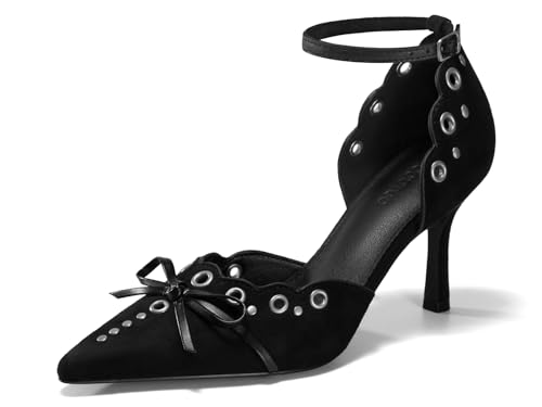 Coutgo Womens High Heels Bow Tie Closed Pointed Toe Stiletto Ankle Strap Studded Suede Dress Shoes