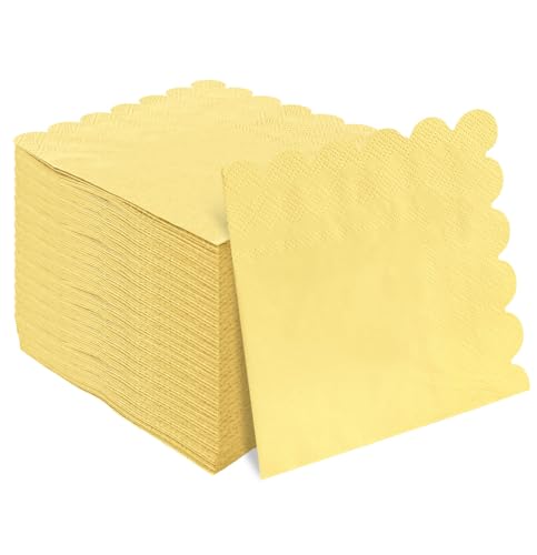 HEIPINIUYE 50 Pieces 3-ply Light Yellow Napkin Disposable Scalloped Cocktail Napkins Beverage Napkins Dessert Napkins Paper Napkins for Wedding Birthday Party Paper Dinner Napkins