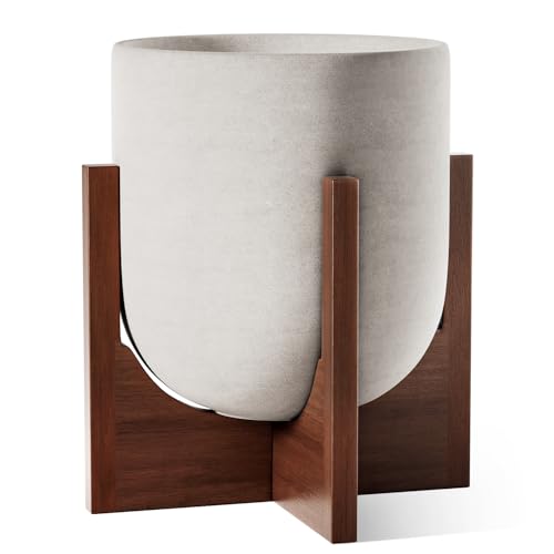 LE-TAUCI-12-Inch-Plant-Pot-with-Acacia-Wood-Stand-Ceramic-Large-Planters-for-Indoor-Plants-Indoor-Pots-for-Plants-Office-Living-Room-Cylinder-Planter-with-Drainage-Hole-and-Plug-Neutral-Gray