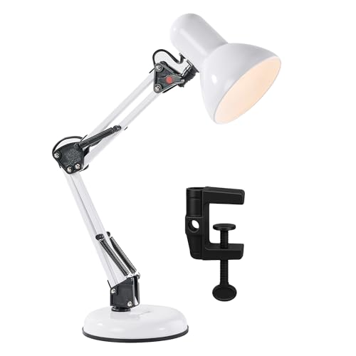 Innoteck Swing Arm Desk Lamp with Stable Base & Flexible Extendable Swivel Metal Arm E27 Bulb Socket Max 25W Durable Architect-Style Office Study & Bedside Lamp White