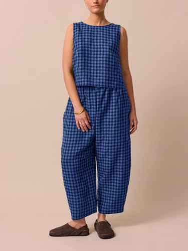 Image of Womens 2 Piece Lounge Sets Cotton Plaid Crop Top High Waisted Baggy Ankle Barrel Pants Gingham Matching Set