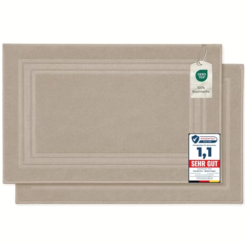 Komfortec Lot de 2 Tapis de Bain, en Tissu éponge, lavables, 600 g/m² et 100% Coton Absorbant et à séchage Rapide, Beige, 50 x 70 cm