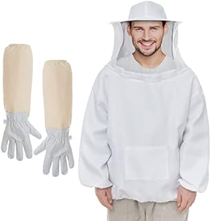 Professional Beekeeper Jacket with Goatskin Gloves- Premium Beekeeping Suit Jacket Pull Over with Fencing Veil Hood- Bee Jacket Beekeeping Smock Protective Suit for Beginner & Professional Beekeepers