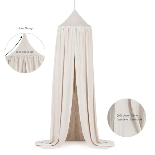 Image of Kids Bed Canopy Breathable Cotton Soft Cover Net for Crib Reading Nook Curtain Hanging Round Play Tent Nursery Bedding Play Room Decor