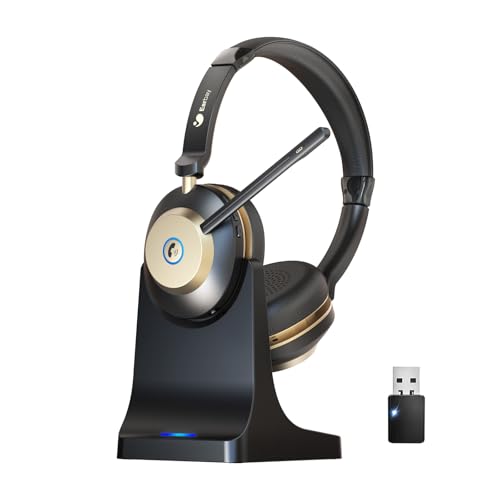 Casque Bluetooth sans fil avec microphone, casque supra-auriculaire avec micro antibruit/mute/station de charge/dongle USB, 45 heures, téléphones portables,...