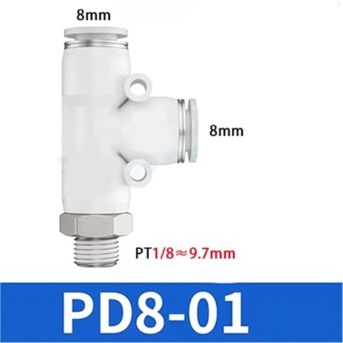 Conector neumático blanco PD manguera PU 8mm camiseta lateral T rosca latón PT1/4 3