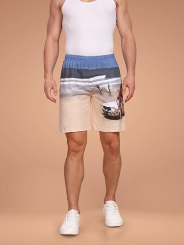 Image of BULLMER Regular Fit Cotton Blend Summer Shorts for Men - Pack of 1 | Printed Shorts for Men Blue