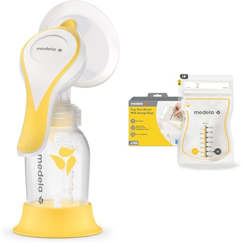 Image of Medela Manual Harmony Breast Pump Single Hand Breast Pump + 100 Count Easy Pour Breastmilk 210ml Storage Bags for Breastfeeding
