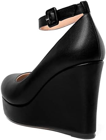 AMBELIGHT Women's Evening Solid Platform Dress Wedge Matte Round Toe 4 Inch Ankle Strap Buckle High Heel Pumps Shoes Black Size 8 - Zapatos de Mujer de Tacon Bajo | Image 6