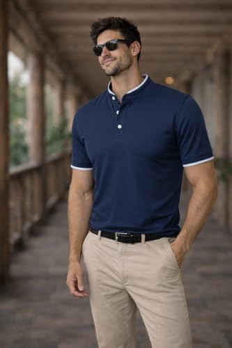 Image of Dagcros Men Polo T-Shirt, with White Trim, Short Sleeve, Button Collar Tshirt for Mens
