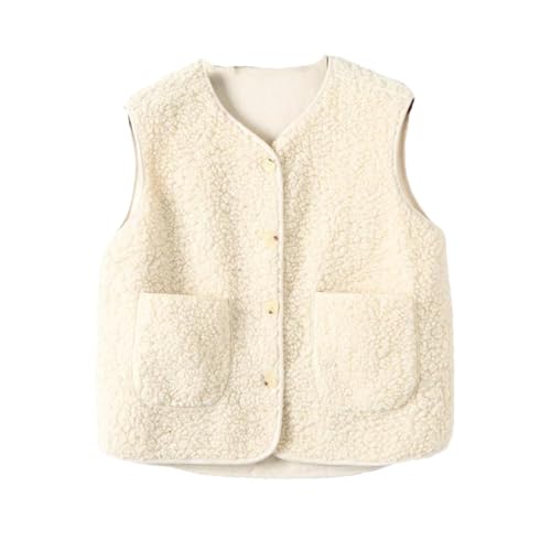 Automne Hiver Laine Peau de Mouton Veste Sans Manches Femmes Épais Gilet Lâche Peluche Faux Cuir Gilets Polaire Manteau, blanc, L