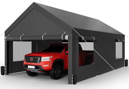 Shintenchi Carport 12' x 20' Heavy Duty Portable Garage, Carport Canopy with Side-Opening Door & Roll-Up Windows, Car Canopy for Truck,Car,Boat,Grey